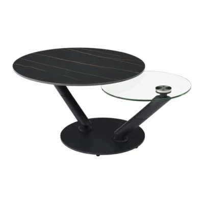 Afbeelding van Vente unique Salontafel met draaiende bladen in keramiek, gehard glas en metaal Zwarte marmerlook ELDOVA L 130 cm x H 43 D 80