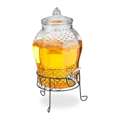 Afbeelding van Relaxdays drankdispenser met houder 8 liter glas rvs tapkraan limonadetap
