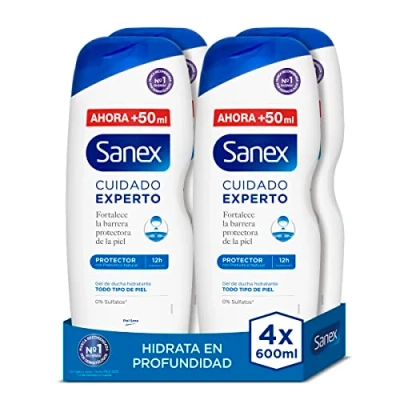 Afbeelding van Sanex Expert Douchegel, set van 4 x 600 ml, formule met natuurlijke prebiotica, versterkt de beschermende barrière huid, 12 uur hydratatie, 0% sulfaat, voor elk huidtype