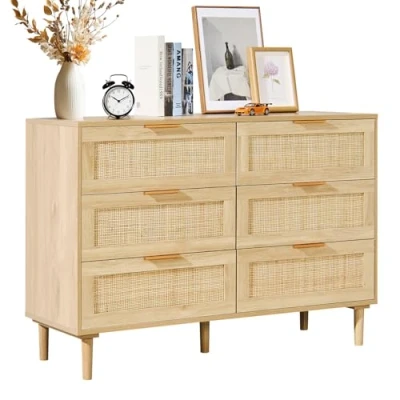 Image de VEVOR Commode en rotin naturel meuble de rangement 6 tiroirs pour chambre salon