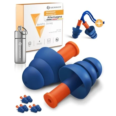 Afbeelding van Senner ® WorkPro Strong Oordopjes voor werk Ideaal luide geluidsbronnen Gehoorbescherming op het en thuis met 3 extra paren, Gehoorbeschermers nylon koord aluminium container