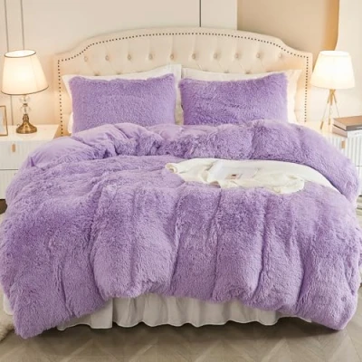Afbeelding van EMME Flanellen beddengoedset met dekbedovertrek 200 x cm en 2 kussenslopen 80 cm, voor Shaggy bed zacht pluche, paars