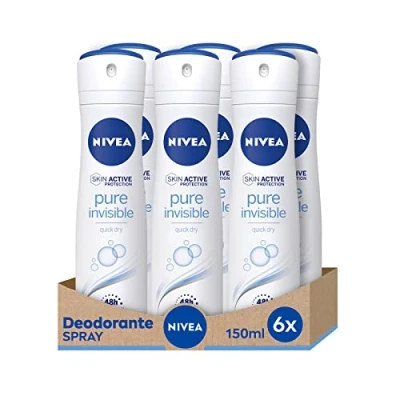 Afbeelding van NIVEA Pure Invisible deodorant Spray 6 x 150 ml verfrissende die geen resten achterlaat op huid en kleding, Deo beschermt 48 uur