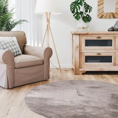 Afbeelding van Interiyou hoogpolig tapijt Fargo 200 x cm rond grijs pluizig kunstbont wasbaar antislip zacht bont
