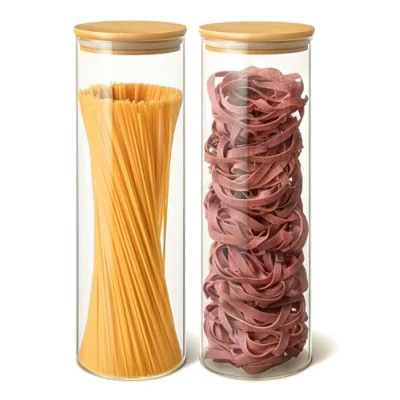 Afbeelding van Spaghettiglazen, Pates, luchtdicht met deksel van bamboe, 2 x 1900 ml, glazen pot, ideaal voor het bewaren de keuken