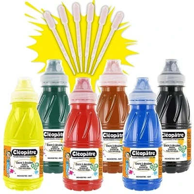 Afbeelding van CLEOPATRE 6 flessen tekeninkt, 250 ml, kleurrijke inkt op waterbasis, alle ondergronden, creatieve vrije tijd voor kinderen en volwassenen