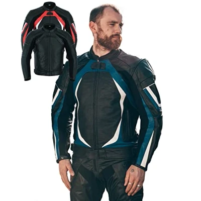 Afbeelding van Motorjack van leer voor heren Goedgekeurd zomer/winter racemotor met echte bikerbescherming CE Armor (EN 1621 1) Texpeed blauw M