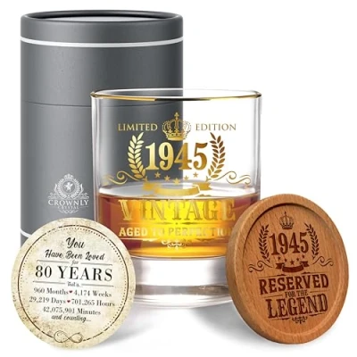Afbeelding van CROWNLY CRYSTAL® Gepersonaliseerd whiskyglas 1945 voor mannen, decoraties de 80e verjaardag, gepersonaliseerde geschenken, whiskyglazen, verjaardagscadeaus papa, oom, cadeaus