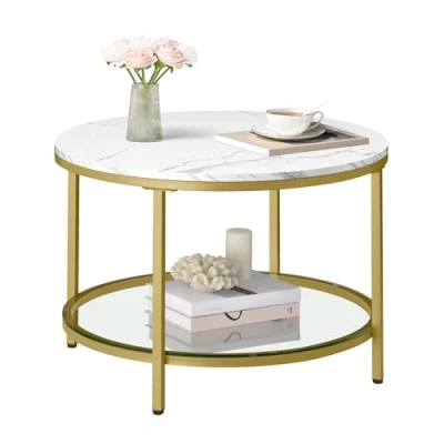 Afbeelding van Vasagle Salontafel, woonkamertafel, voor woonkamer, met glazen blad, veel opbergruimte, eenvoudige montage, moderne stijl, marmeren wit licht goud