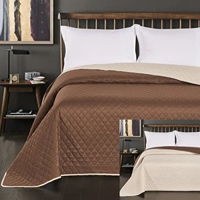 Afbeelding van DecoKing sprei, bedsprei, 170 x 210 cm doorgestikte tweezijdig, reliëfpatroon, ruiten crème/bruin