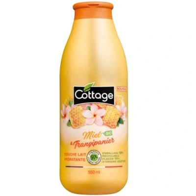 Afbeelding van Cottage Douchegel melk, 550 ml, 97% natuurlijke ingrediënten, biologische honing en frangipani, gemaakt in Frankrijk.
