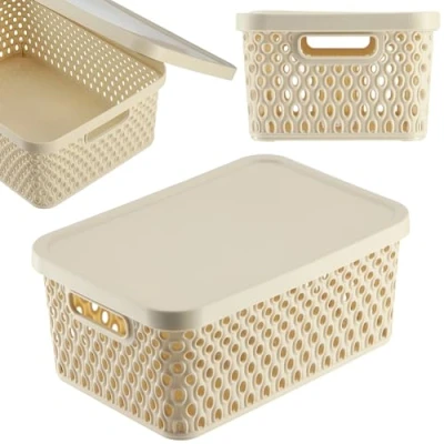Afbeelding van KADAX Opbergmand, mand met deksel, opbergdoos, kunststof moderne plankmand, container ventilatiegaten (4,5 l, beige)