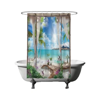 Afbeelding van Ulticool Douchegordijn Doorkijk Strand Zee Natuur 120 x 180 cm met 8 ringen Blauw Wit Groen
