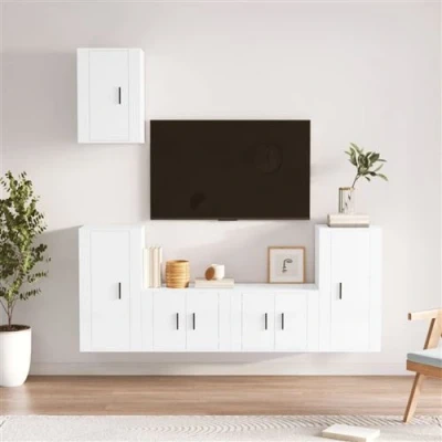 Afbeelding van 5 delige Tv meubelset bewerkt hout hoogglans wit