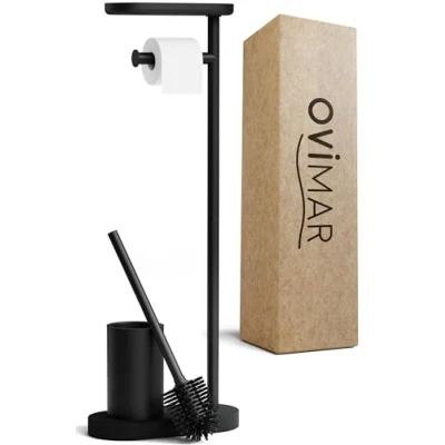 Afbeelding van ovimar 3 in 1 toiletborstel met standaard, zilver, siliconen borstelkop, toiletpapierhouder en smartphone rek, zeer ruimtebesparend, elegante badkamerorganizer