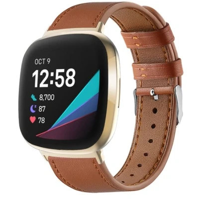 Afbeelding van Fitbit Versa 3/4 &amp; Sense 1/2 leren bandje Bruin Roestvrijstale gespsluiting