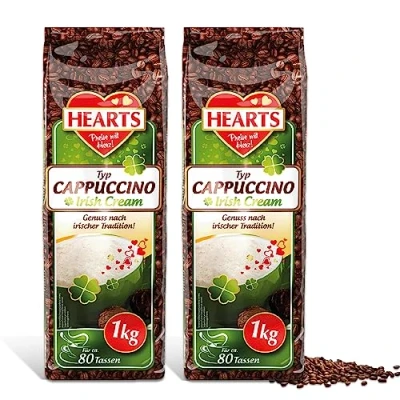 Afbeelding van Hearts Cappuccino Irish Cream, 2 stuks (2 x 1 kg), oplosbaar koffiepoeder, 160 kopjes, genot volgens Ierse traditie