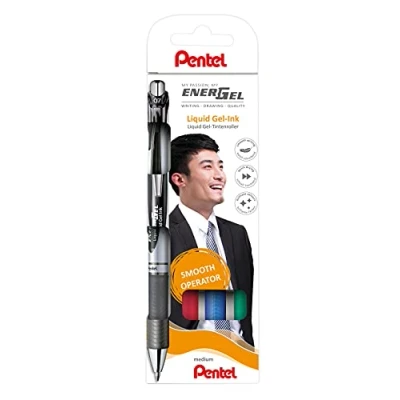 Image de Pentel EnerGel BL77 4 Lot de stylos roller à encre gel avec mécanisme pression, diamètre la bille 0,7 mm = épaisseur trait 0,35 mm, rechargeables, assortis (noir/rt/bl/gr), 1 pièce (pack