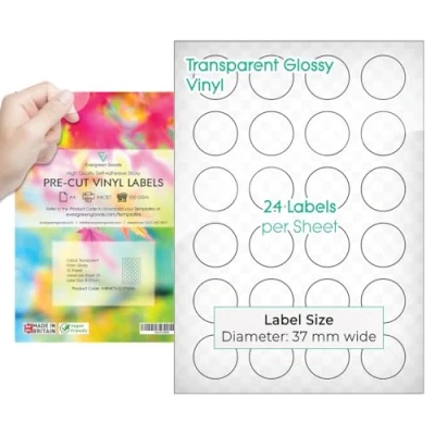 Afbeelding van 10 vellen A4 ronde vinyletiketten, mat/glanzend/transparant, voorgesneden, meerdere rijen, transparant, 37 mm, 24 per vel / 240 etiketten)