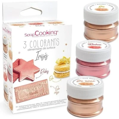 Image de SCRAP COOKING 3 Colorants de Surface Irisés Alimentaires Poudre Or, Or Rose &amp; Rubis Pour Pâtisseries, Biscuits, Macarons, Chocolats Pâte à Sucre 4019