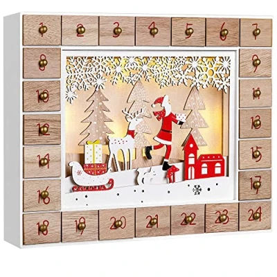 Afbeelding van Adventskalender kerstman hout met LED