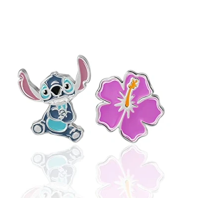 Afbeelding van disney Lilo &amp; Stitch oorbellen Mismatch Flower and Jewelry, Sterling zilver, zilver Emaille