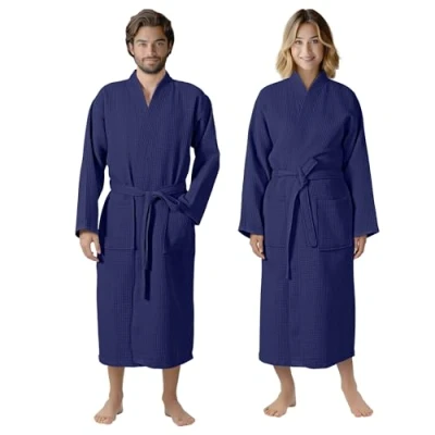 Afbeelding van HOMELEVEL Piqué Badjas Reizen 100% katoen voor Vrouwen en Mannen aankleden toga Kimono Saunarobe Piquee Wafel Blauw Maat 6XL