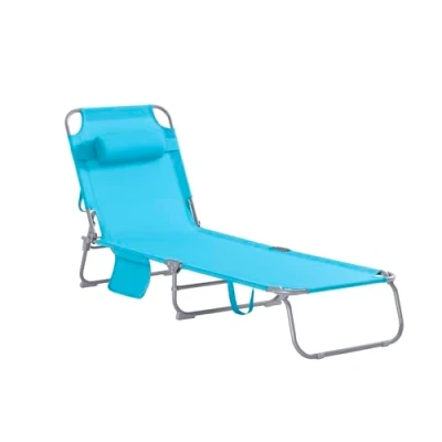 Afbeelding van SoBuy OGS35 B Tuinstoel Blauwe Opvouwbare Strandstoel met Hoofdsteun