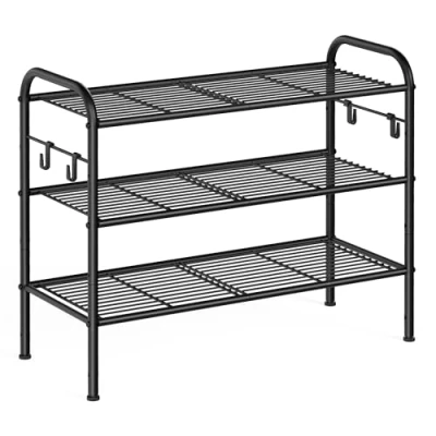 Afbeelding van SONGMICS Schoenenrek met 3 niveaus, metalen rek 4 zijhaken, voor 12 paar schoenen, in hoogte verstelbaar rek, entree, hal, garderobe, eenvoudige montage, zwart