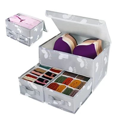 Afbeelding van EASEVE Lade organizer voor sokken, ondergoed met deksel, opbergdoos kleding scheidingswanden, opvouwbare kastorganizer van stof beha,