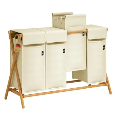 Afbeelding van AdelDream Wasmand, 4 vakken, 200 liter, bamboe wasmand voor vuile was, met deksel, planken in X vorm, beige