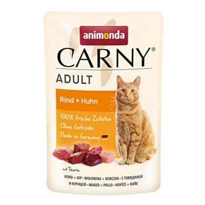 Afbeelding van 12x85g Maaltijdzakjes Rund + Kip Animonda Carny Kattenvoer