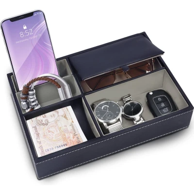 Afbeelding van Belle Vous Navyblauwe Faux Lederen 5 Compartimenten Dressoir/Nachtkast Organiser Tray Bureau Opslag Doos voor Beurs, Telefoon, Sleutels, Sieraden, Mannen Accessoires, Geld, Manchetknopen