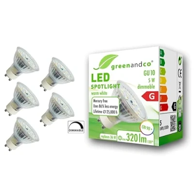 Afbeelding van 5x greenandco® CRI 90+ dimbare LED spot vervangt 36W GU10 5W 320lm 3000K warm wit 110 230V, flikkervrij