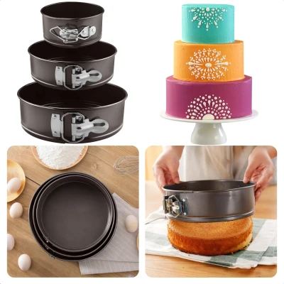 Afbeelding van Cheqo® 3 delige Springvormen Set Koolstofstaal Non Stick &amp; Krasvast Taupe Ø12cm, Ø18cm Ø22cm Taartvorm