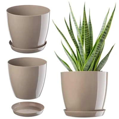 Afbeelding van KADAX Elegante plantenbak met onderzetter, rond en elegant, van lichte kunststof voor binnen thuis, plantenbak, diameter 20 cm, beige