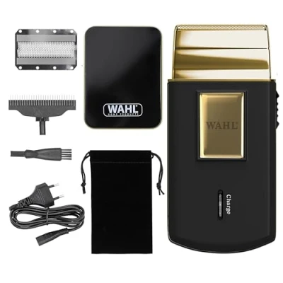 Image de Wahl Travel Shaver Gold Edition Rasoir électrique sans fil et rechargeable pour hommes, idéal les voyages, couper cheveux la barbe, compact portable, Goud