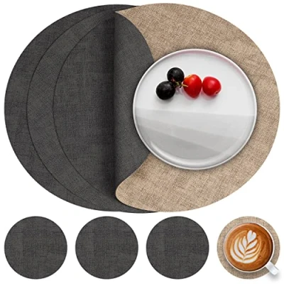 Afbeelding van Lederen Placemat en Onderzetters, Tafelmatten PU Waterdichte Afveegbare Dubbelzijdige Keuken Plaats Matten Koffiematten Antislip Wasbare Placemats Coaster Sets 4 (Grijs Beige, Rond)
