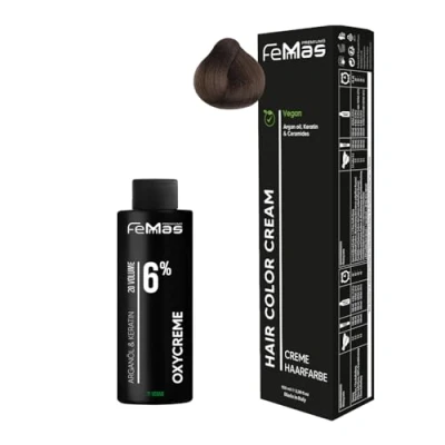 Afbeelding van Femmas Haarverfset donkerblond 6 I Hair Color Cream 100 ml + oxycreme 6% permanente haarkleur ontwikkelaar zacht en duurzaam haarverf voor salon thuis