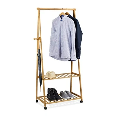 Afbeelding van relaxdays kledingrek bamboe met wieltjes, 2 plateaus, 84cm , kledingstandaard