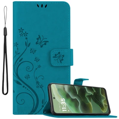 Afbeelding van Cadorabo Hoesje geschikt voor Motorola Moto G35 in BLOEMEN BLAUW Beschermhoes bloemmotief met magnetische sluiting, standfunctie en kaartsleuven Book Case Cover Etui