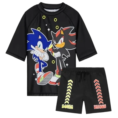 Afbeelding van Get Trend Zwemkleding voor jongens en jongeren, 2 delig, zwemshorts T shirt strand, zwembad vakantie, Zwart Sonic, 7 8 jaar