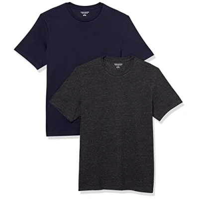 Image de Amazon Essentials Lot de 2 t shirts à manches courtes et col rond, pour homme, coupe ajustée, anthracite chiné/bleu marine, taille L