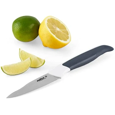 Afbeelding van Zyliss Comfortabel schilmes, 8,5 cm, Japans roestvrij staal, antislip handgreep, veiligheidsdeksel, zwart/wit, professioneel keukenmes, groentemes, geschikt voor