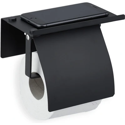 Afbeelding van Relaxdays toiletrolhouder met plank rvs modern wc rolhouder klep muur zwart
