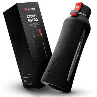 Afbeelding van VIA FORTIS Glazen fles met hoogwaardige siliconen schaal, drinkfles voor sport, fitness, sportschool, fiets en kantoor, onbreekbaar BPA vrij, 550 ml (01 onyx zwart, zwart)