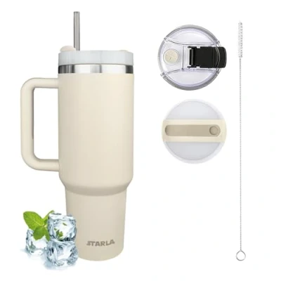 Afbeelding van STARLA 1,2 liter geïsoleerde beker met handvat en rietje, 2 deksels, waterdicht, dubbelwandig roestvrij staal, koffiemok om mee te nemen, reisbeker voor warm koud