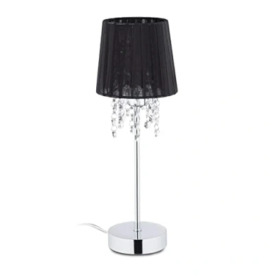 Afbeelding van Relaxdays Tafellamp, lampenkap van organza, ronde voet, bedlampje, h x d 41 14,5 cm, zwart/zilver