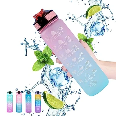 Afbeelding van Gaiayhc 1 liter sportwaterfles met tijdmarkering en rietje, waterdichte waterfles voor sport, wandelen, fitnessstudio, fitness, outdoor, fietsen, school kantoor, poederblauw kleurverloop