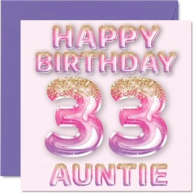 Afbeelding van 33 jaar verjaardagskaart voor tante, roze en paarse glitterballonnen, verjaardagskaarten jarige tante van neef nichtje, 145 mm x